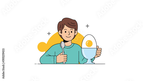 Happy smiling boy holding a spoon, ready to enjoy a perfectly cooked soft-boiled egg served in an elegant egg cup.