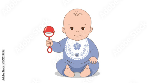 Adorable baby boy sitting comfortably, wearing a blue outfit with a bib and happily holding a red rattle.