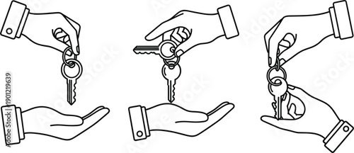 Black and white line art illustrations of hands handing over keys for real estate and car ownership concepts