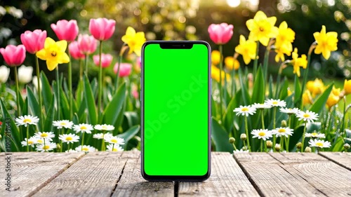 Smartphone on wooden table with flowers.