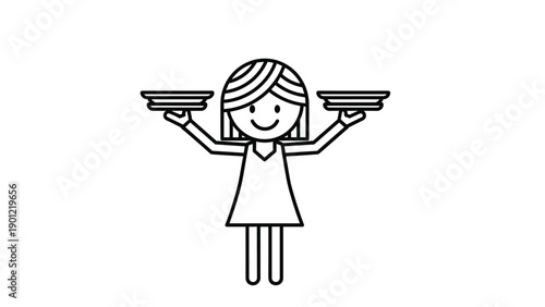 Simple stick figure woman with a friendly smile, holding two empty plates, symbolizing serving or waiting for food.