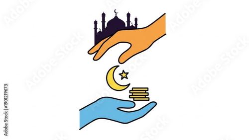 Charitable donation to mosque with coins and crescent moon symbol