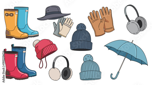 Comprehensive collection of essential winter clothing and rain gear, including colorful boots, various hats, gloves, earmuffs, and an umbrella.