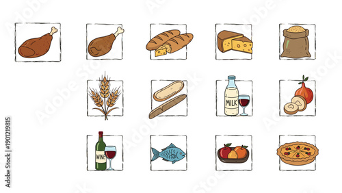 Assorted food item icons displayed in grungy square frames, featuring chicken, bread, cheese, flour, wheat, milk, wine, onion, fish, fruit, and pie.
