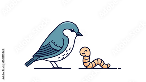 Adorable blue bird curiously observing a cheerful and happy worm, illustrating a simple moment in nature.