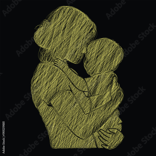 Stylized golden scribble illustration depicts a loving mother tenderly embracing her young child, symbolizing family bond and maternal care.