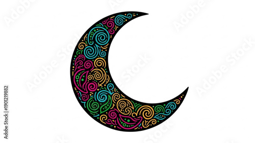 Colorful crescent moon with swirling patterns on a white background symbolizing dreams and fantasy