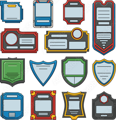 Vector illustrations of colorful gaming frames digital shields and UI badges for mobile games and interface design।