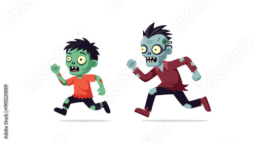 Dynamic cartoon illustration of two zombies, an adult and a child, actively running forward with a determined expression.
