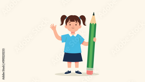 Cheerful young girl holding a giant green pencil and waving with one hand for education, school, and creativity themes for children.