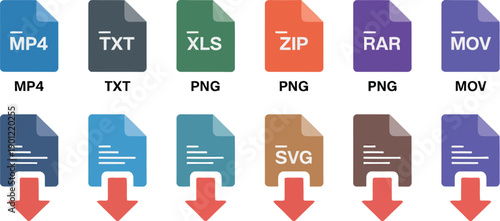 File Format Icons, MP4, TXT, XLS, ZIP, and RAR Icons with Corresponding Labels