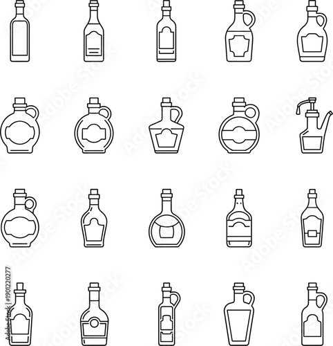 Black and white line art set of syrup bottles condiment containers and food packaging dispensers for kitchen concepts।