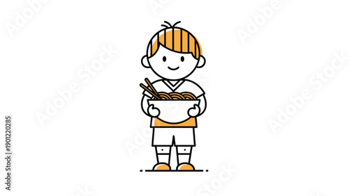 Simple line art illustration of a smiling cartoon boy happily holding a bowl of noodles with chopsticks, ready to eat.