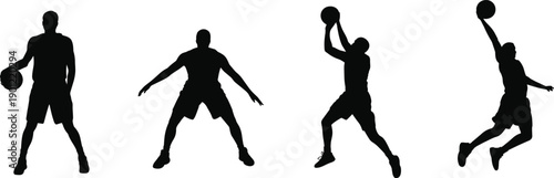Basketball player silhouettes performing dribbling, defense, shooting, and jumping actions, dynamic athletic sports poses isolated on white background for game concepts