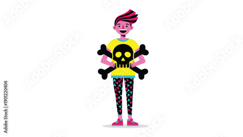 Full-body illustration of a punk-style character with vibrant pink hair, smiling and holding a skull and crossbones emblem.