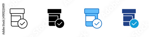 Prescription Approval Multiple Style Icon Design Vector - Medicine bottle with check mark representing prescription validation, medication approval, and pharmacy compliance