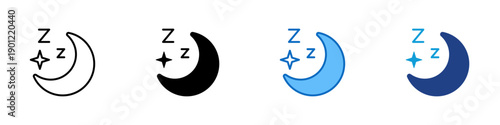 Sleep Mode Multiple Style Icon Design Vector - Crescent moon with sleep marks representing night mode, rest period, and energy saving operation