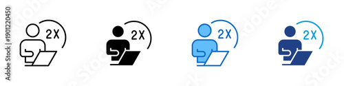 Productivity Boost Multiple Style Icon Design Vector - Person working on laptop with 2x mark representing increased efficiency, accelerated output, and performance improvement