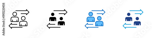 Team Workflow Multiple Style Icon Design Vector - Group of people with directional arrows representing task distribution, team coordination, and workflow movement