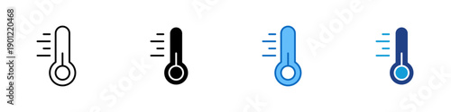 Temperature Control Multiple Style Icon Design Vector - Thermometer with motion lines representing temperature measurement, climate monitoring, and heat regulation