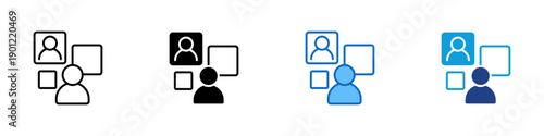 User Management Multiple Style Icon Design Vector - User profiles with interface panels representing account management, profile organization, and user administration