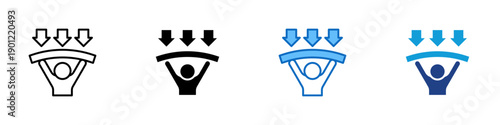 Work Pressure Multiple Style Icon Design Vector - Person under downward arrows and bar representing workload stress, performance pressure, and responsibility burden