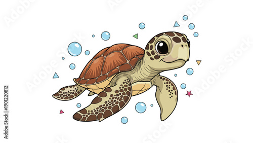 Cute cartoon sea turtle swimming peacefully in white space surrounded by colorful geometric shapes and floating air bubbles.