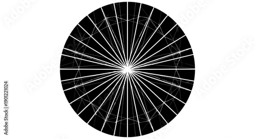 Geometric Starburst Circle with Radial Lines on Black Background - Abstract Design