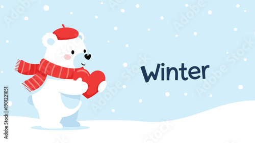 Adorable polar bear wearing a red scarf and hat holding a big red heart in a snowy winter scene for valentine or winter theme.