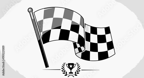 Dynamic checkered flag and laurel wreath trophy emblem, symbolizing ultimate success, completion, and competitive victory at the finish line