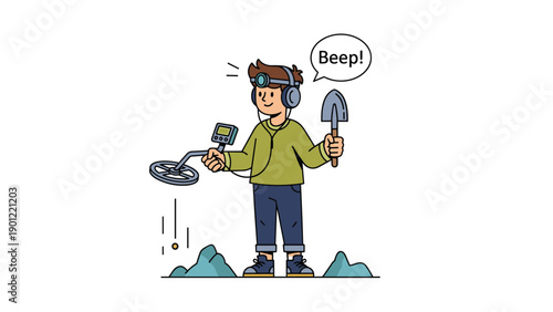 Enthusiastic man with headphones and a headlamp, using a metal detector and holding a shovel, excitedly indicating a "Beep!" sound.