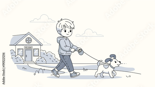 Young boy happily walking his small dog on a leash in front of a house in a quiet neighborhood for a healthy outdoor routine.