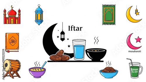 Ramadan iftar icons set with food drinks and symbols moon and lanterns