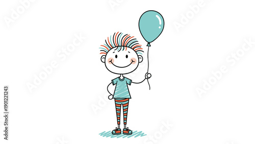 Cheerful stick figure boy with playful colorful hair, happily holding a light blue balloon, representing joy and childhood.