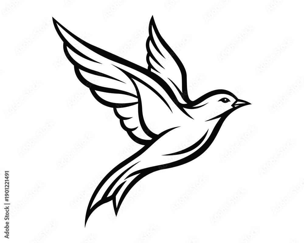 Obraz premium Flying bird line art vector illustration. Minimal black outline dove symbol of freedom, peace, and hope on white background.