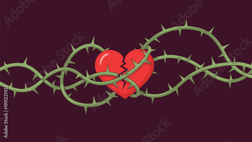 A visually striking image of a broken red heart deeply entangled in sharp, thorny green vines, symbolizing pain, heartbreak, and struggle.