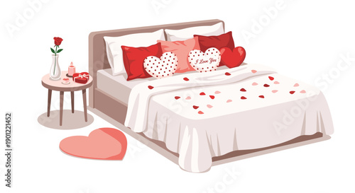 Romantic bedroom setting with a bed adorned with red and pink pillows, rose petals, and a bedside table.