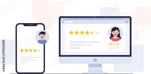 Digital Customer Feedback: A visualization of customer satisfaction and online review on a mobile phone and computer screen. Illustrating customer rating.