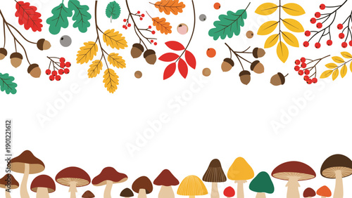 Decorative autumn border featuring colorful fall leaves acorns and assorted forest mushrooms on a clean isolated white background.