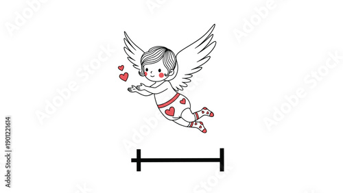 Adorable cartoon cupid with wings, happily flying and extending hands to release small hearts, symbolizing love and romance.