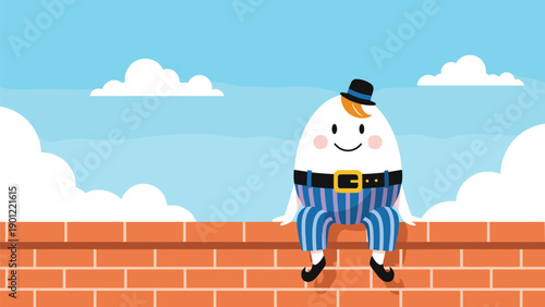 Classic nursery rhyme character Humpty Dumpty, a cheerful egg man in a hat and striped pants, sitting on a brick wall.