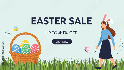 Easter sale banner featuring a young woman wearing bunny ears walking past a large basket of colorful decorated eggs in a field.
