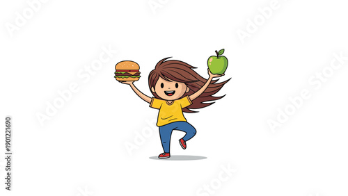Joyful child with flowing hair, happily balancing a hamburger in one hand and a fresh green apple in the other, symbolizing food choices.