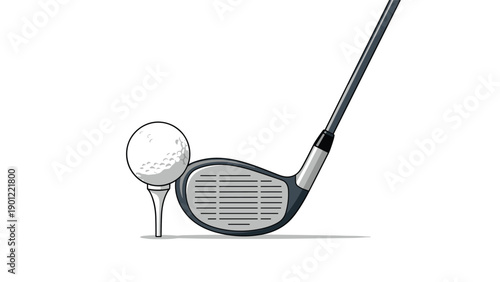 Detailed illustration of a professional golf club driver about to strike a white golf ball sitting on a tee in a minimal style.