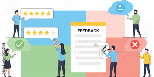 Feedback Evaluation: A vibrant illustration showcasing the dynamic process of collecting and assessing feedback, featuring individuals interacting with rating systems, providing insights.