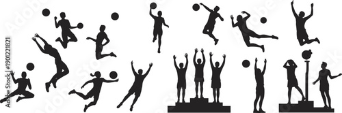 Basketball player silhouettes showing jumping, dunking, shooting, and celebration poses, dynamic sports action figures isolated on white background for team competition concepts