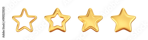 3D gold star icon isolated on white background. Glossy golden star for Christmas and New Year decoration, review, award, badge, luxury gift, premium trophy, customer feedback. 3D realistic vector