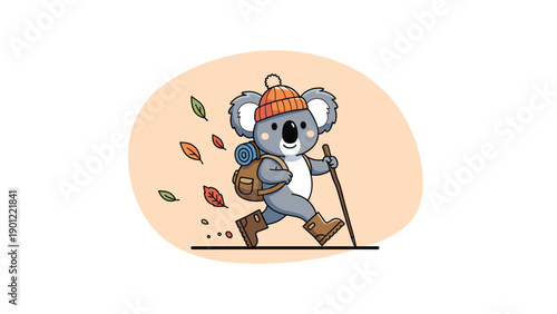 Cute cartoon koala wearing a winter hat and boots hiking with a backpack and walking stick among falling autumn leaves in a circle.