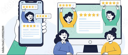Digital Reviews: Diverse individuals offer glowing reviews, represented on mobile and desktop interfaces, highlighting user satisfaction through star ratings.