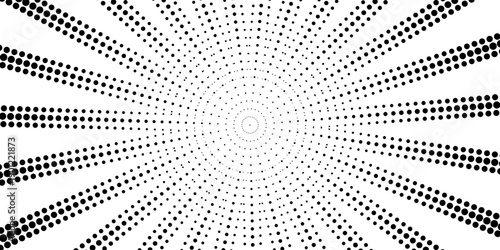 Halftone gradient sun rays pattern. Abstract halftone color dots background. Red pop art, comic small dots. star rays halftone poster. shine, explosion. sunrise rays background.